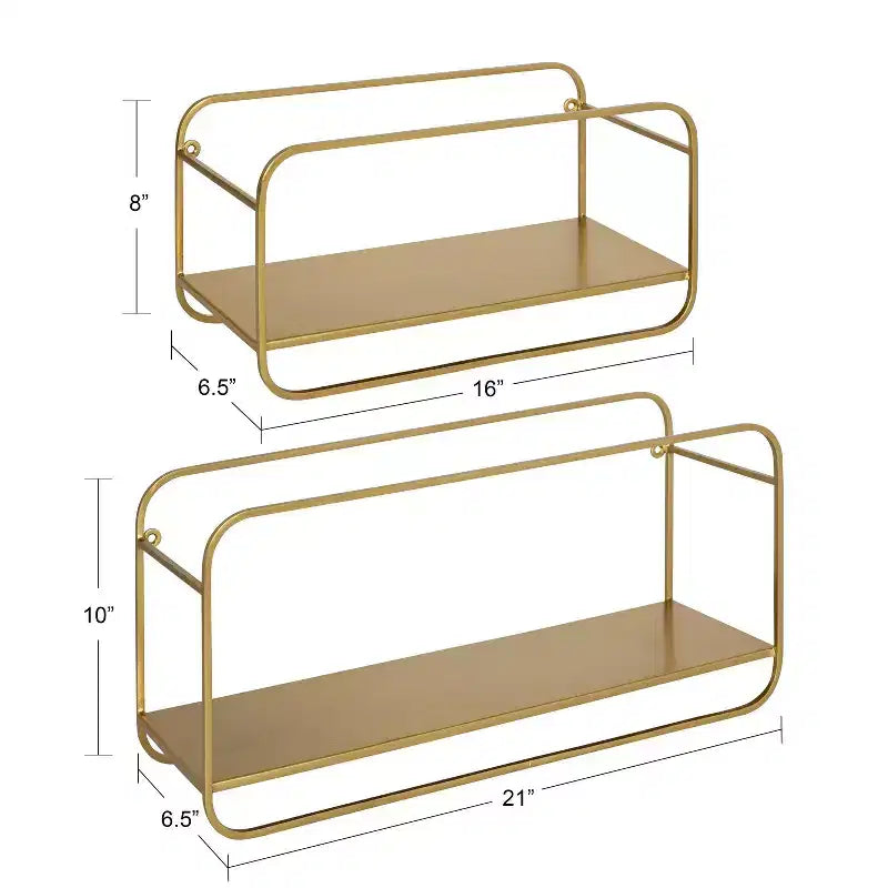 Set of 2 Modern Metal Floating Wall Shelves, Gold, 21" x 10"