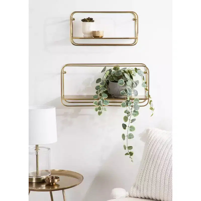 Set of 2 Modern Metal Floating Wall Shelves, Gold, 21" x 10"