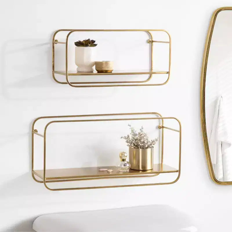 Set of 2 Modern Metal Floating Wall Shelves, Gold, 21" x 10"