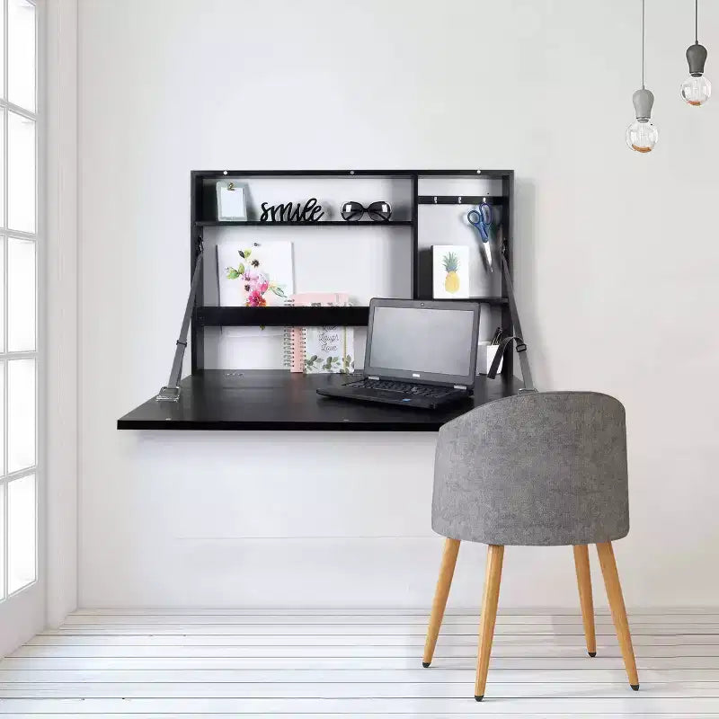 Bureau mural escamotable de 36 po x 24 po avec tableau noir et étagère de rangement ouverte, noir