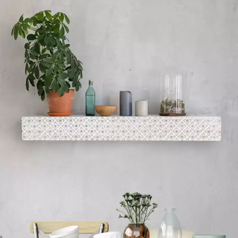 Small Embossed Wood Floating Decorative Wall Shelf, White, 24.25"