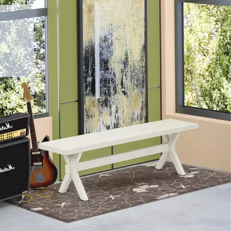 X-Style Modern Dining Room Bench with Wood Seat, 60" x 15" x 18", Pure White