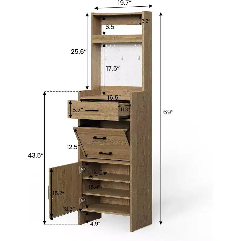 Meuble à chaussures 5-en-1 pour entrée avec tiroir basculant, panneau perforé et étagère réglable