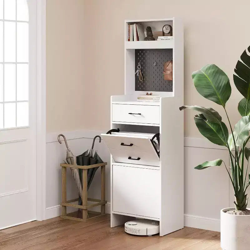 Meuble à chaussures 5-en-1 pour entrée avec tiroir basculant, panneau perforé et étagère réglable