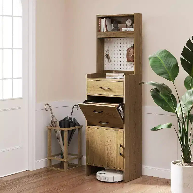 Heynemo 5-in-1 Shoe Cabinet with Flip Drawer, Entryway Shoe Storage with Pegboard, Adjustable Shelf, Wood Entryway Cabinet