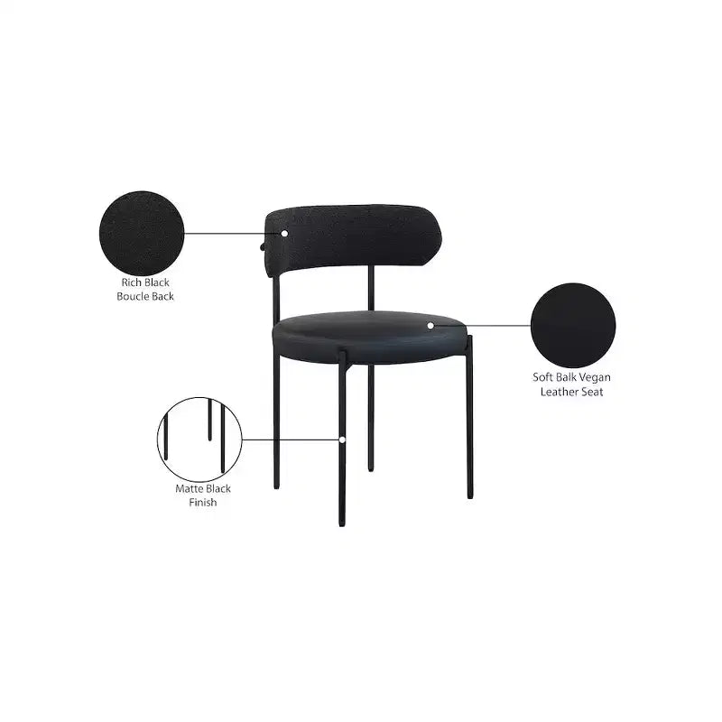 Vegan Leather and Boucle Fabric Dining Chair, Set of 2, Black