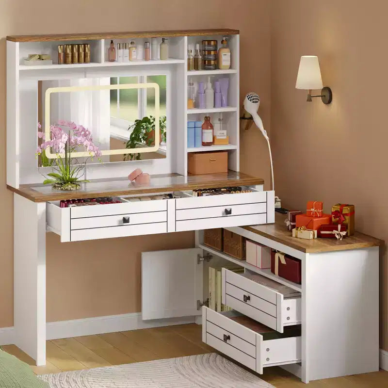 Vanity Desk with Glass Top, Touch Screen Mirror, Charging Station, 5 Drawers & 6 Open Shelves, Antique White
