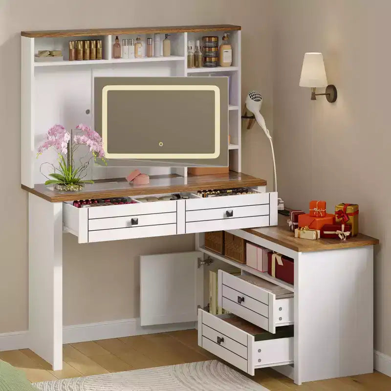 Vanity Desk with Glass Top, Touch Screen Mirror, Charging Station, 5 Drawers & 6 Open Shelves, Antique White