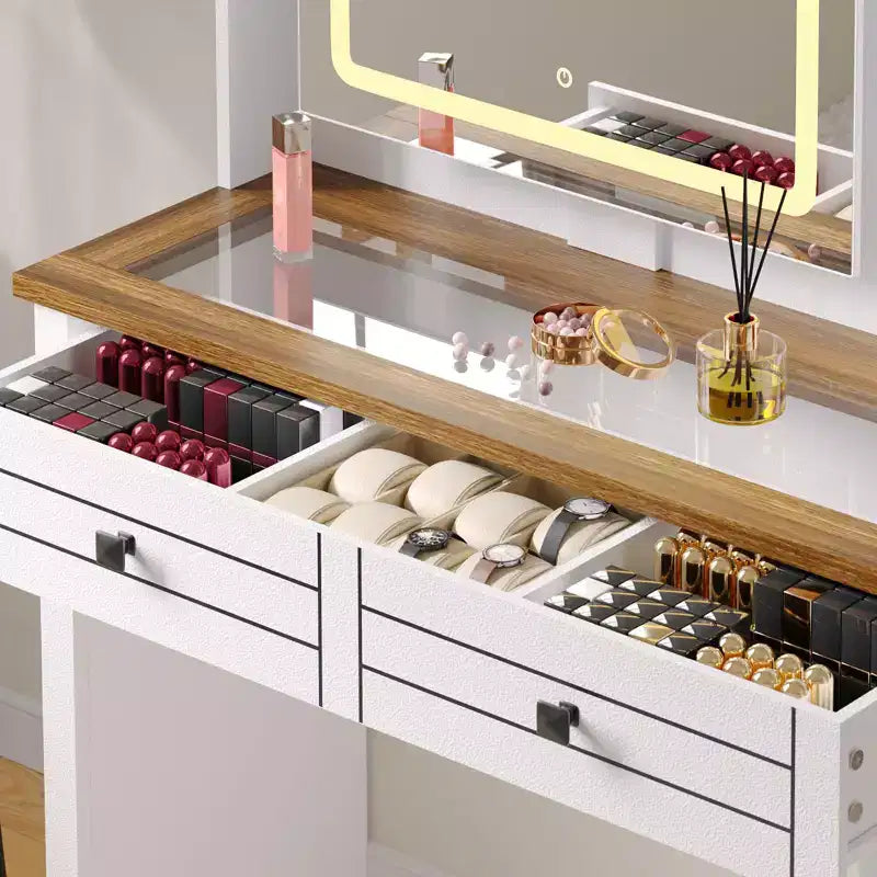Vanity Desk with Glass Top, Touch Screen Mirror, Charging Station, 5 Drawers & 6 Open Shelves, Antique White