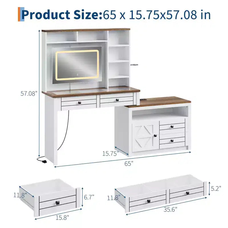 Vanity Desk with Glass Top, Touch Screen Mirror, Charging Station, 5 Drawers & 6 Open Shelves, Antique White