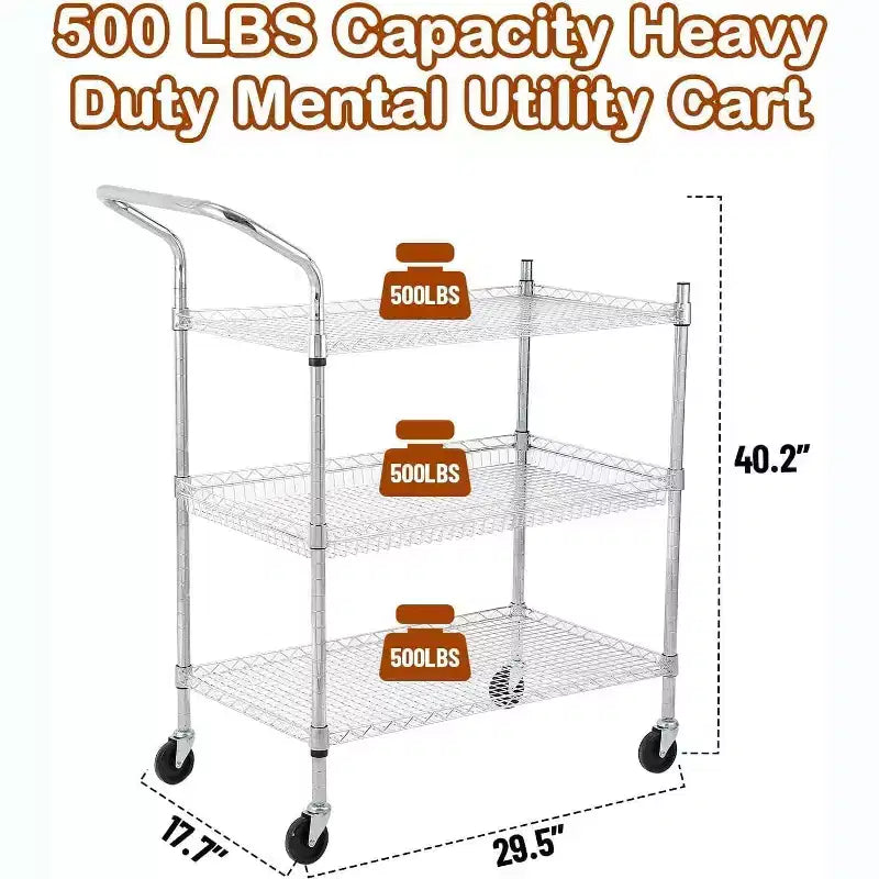 Kitchen Utility Cart, Metal Removable Storage Cart with Wheels and Handle, Commercial Grade Utility Cars, Kitchen, Workshop