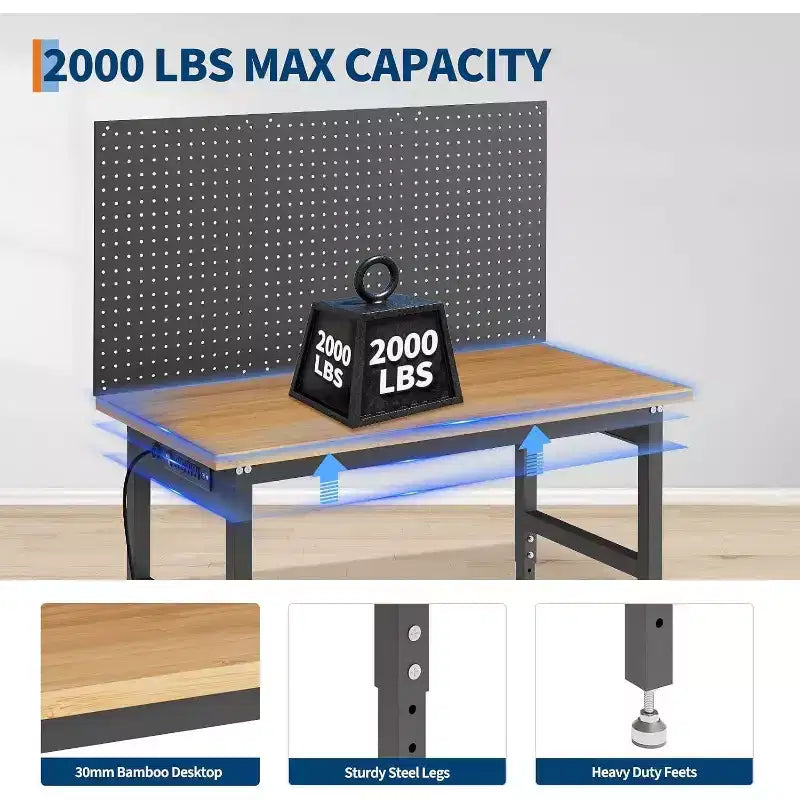 48" Adjustable Workbench with Pegboard, 2000lb Capacity, 28-40" Height, for Garage & Home DIY
