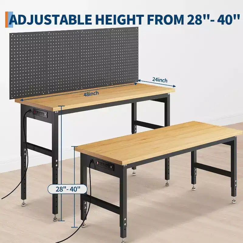 48" Adjustable Workbench with Pegboard, 2000lb Capacity, 28-40" Height, for Garage & Home DIY