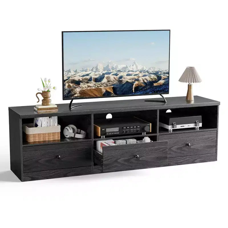 TV Stand for up to 80" TVs, Media Console with 3 Drawers and 3 Open Shelves, Black