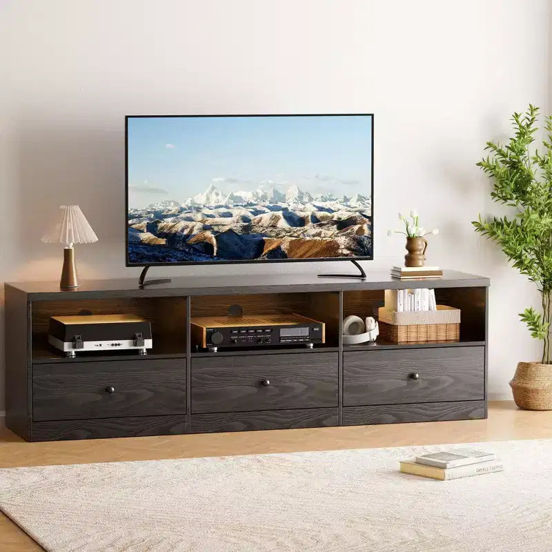 TV Stand for up to 80" TVs, Media Console with 3 Drawers and 3 Open Shelves, Black
