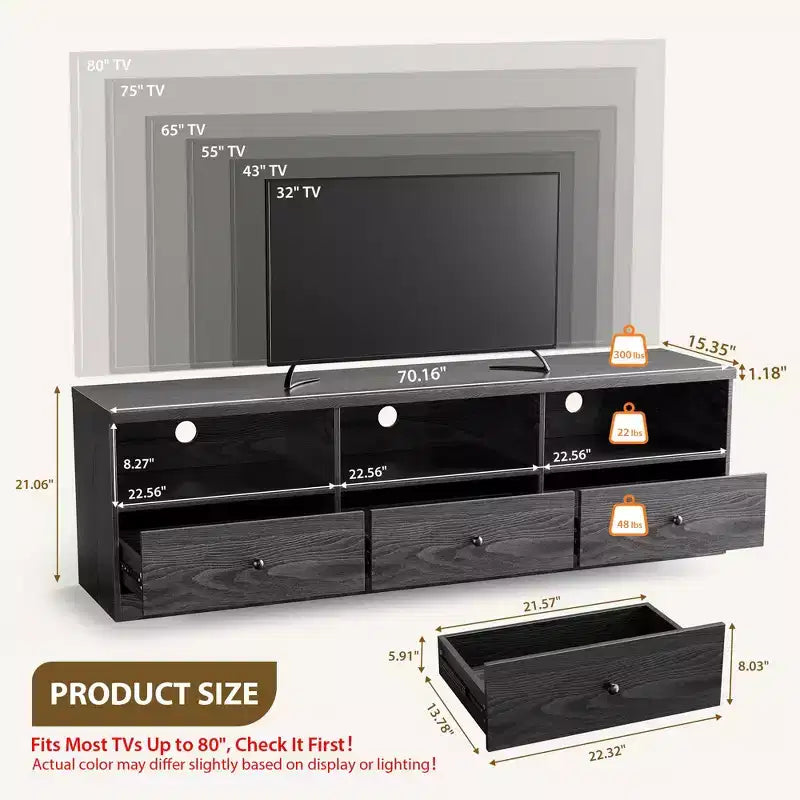 TV Stand for up to 80" TVs, Media Console with 3 Drawers and 3 Open Shelves, Black
