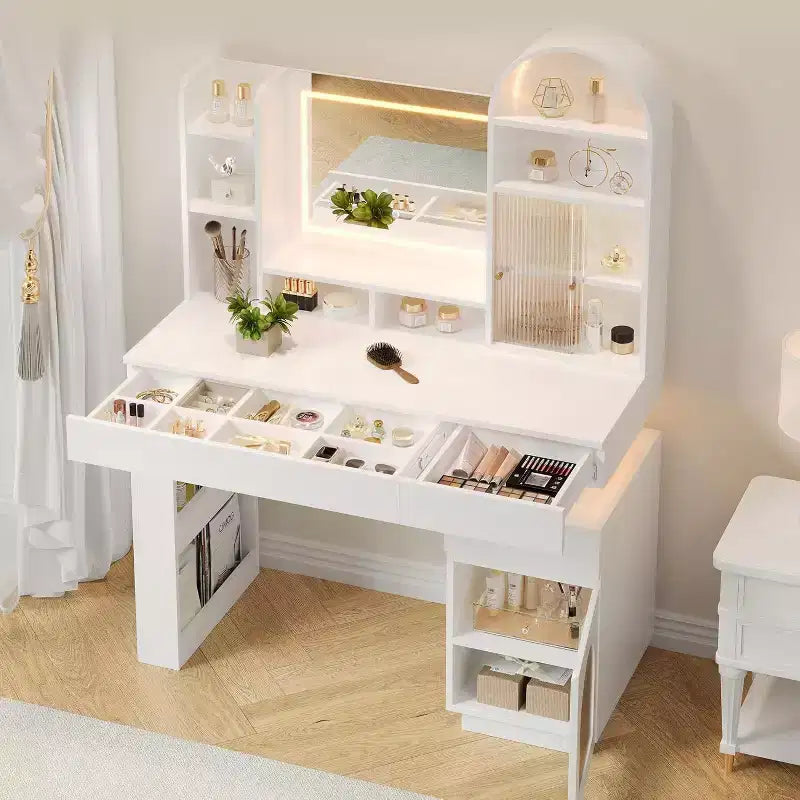 Makeup Vanity Desk with Mirror and Lights, Dressing Table with 3 Drawers and 11 Storage Shelves