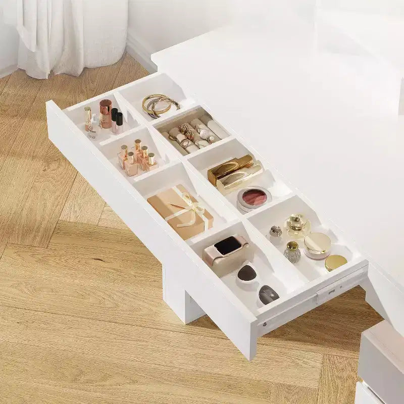 Makeup Vanity Desk with Mirror and Lights, Dressing Table with 3 Drawers and 11 Storage Shelves