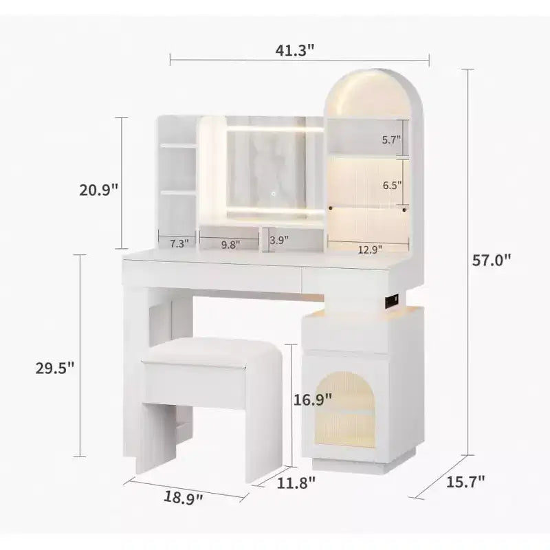 Makeup Vanity Desk with Mirror and Lights, Dressing Table with 3 Drawers and 11 Storage Shelves