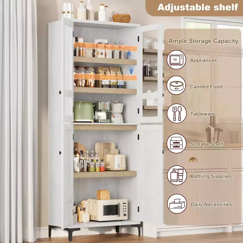 71 Tall Storage Cabinet with Doors, Adjustable Shelf Multi-Purpose Organizer for Kitchen Pantry and Bathroom Cabinet
