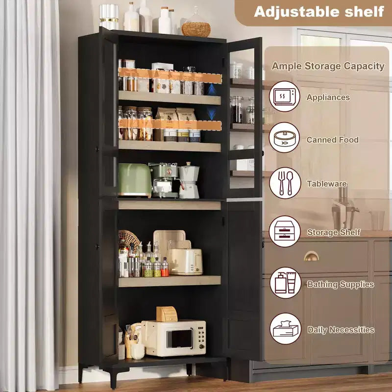 71 Tall Storage Cabinet with Doors, Adjustable Shelf Multi-Purpose Organizer for Kitchen Pantry and Bathroom Cabinet