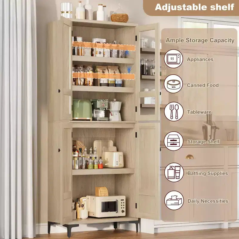 71 Tall Storage Cabinet with Doors, Adjustable Shelf Multi-Purpose Organizer for Kitchen Pantry and Bathroom Cabinet