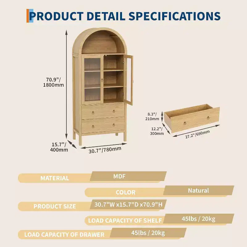71" Display Arched Storage Cabinet with Tempered Glass Doors, 2 Drawers and Adjustable Shelves, Natural
