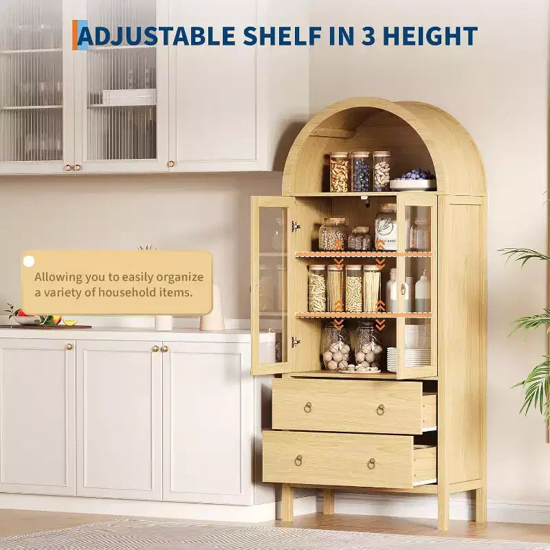 71" Display Arched Storage Cabinet with Tempered Glass Doors, 2 Drawers and Adjustable Shelves, Natural