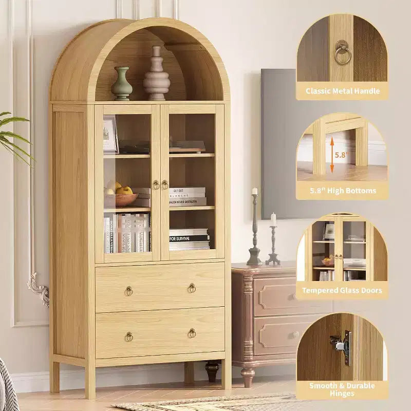 71" Display Arched Storage Cabinet with Tempered Glass Doors, 2 Drawers and Adjustable Shelves, Natural