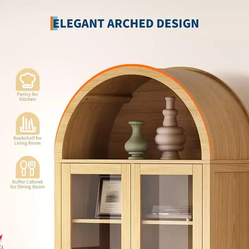 71" Display Arched Storage Cabinet with Tempered Glass Doors, 2 Drawers and Adjustable Shelves, Natural
