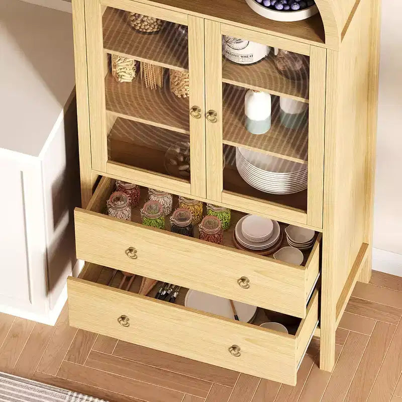 71" Display Arched Storage Cabinet with Tempered Glass Doors, 2 Drawers and Adjustable Shelves, Natural
