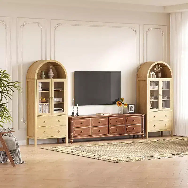 71" Display Arched Storage Cabinet with Tempered Glass Doors, 2 Drawers and Adjustable Shelves, Natural