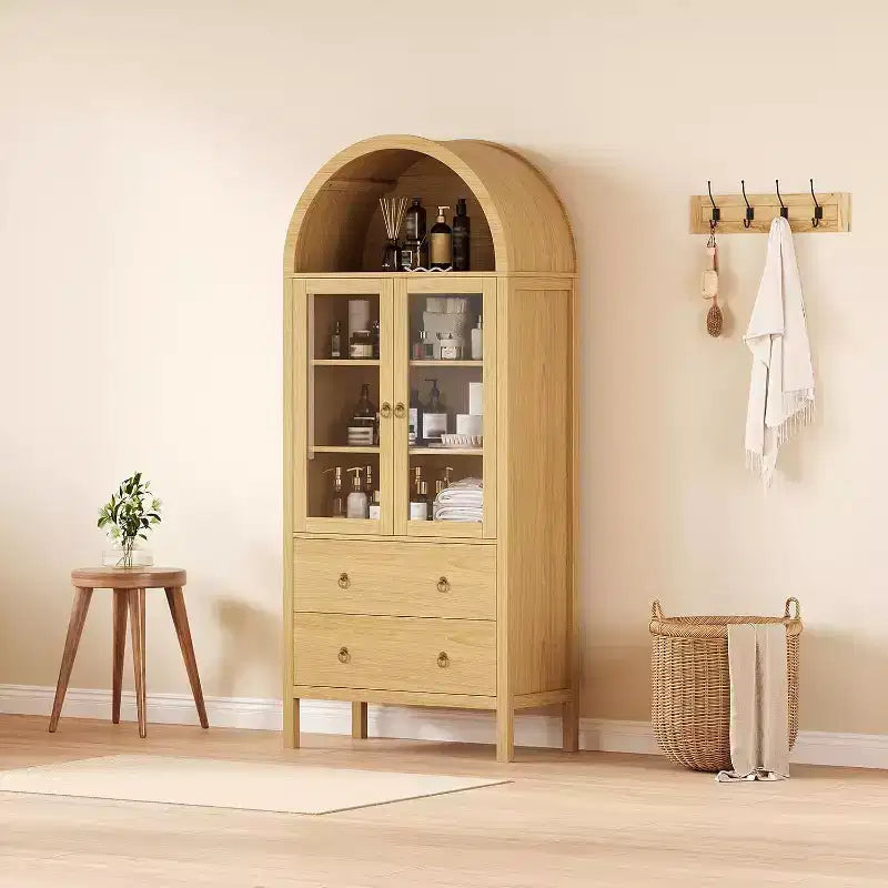 71" Display Arched Storage Cabinet with Tempered Glass Doors, 2 Drawers and Adjustable Shelves, Natural