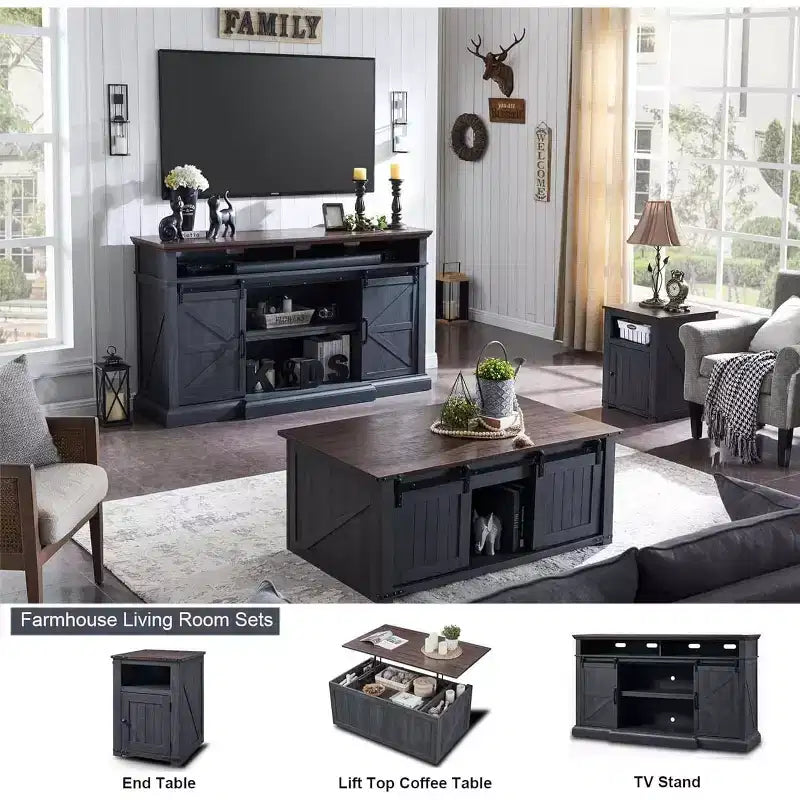 Farmhouse TV Stand for 80" TVs, 37" Tall Media Console with Sliding Barn Door and Adjustable Shelves