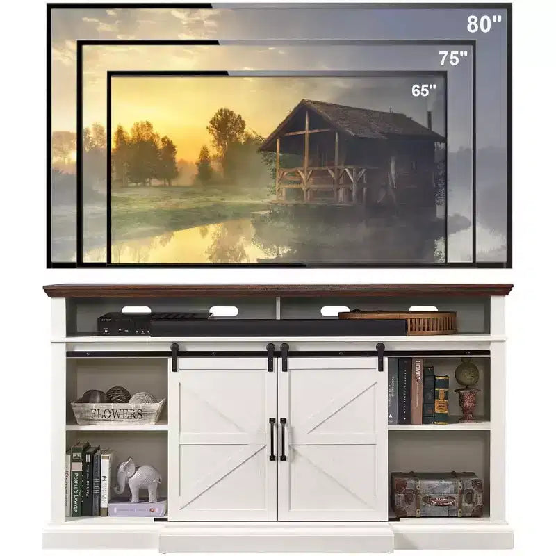 Farmhouse TV Stand for 80" TVs, 37" Tall Media Console with Sliding Barn Door and Adjustable Shelves