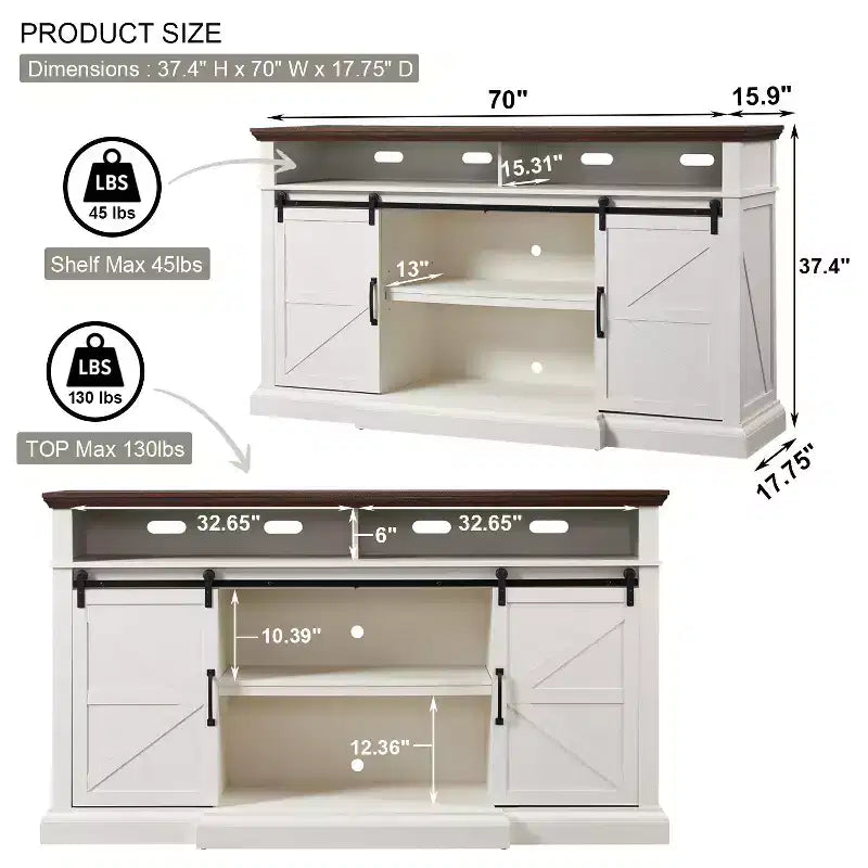 Farmhouse TV Stand for 80" TVs, 37" Tall Media Console with Sliding Barn Door and Adjustable Shelves