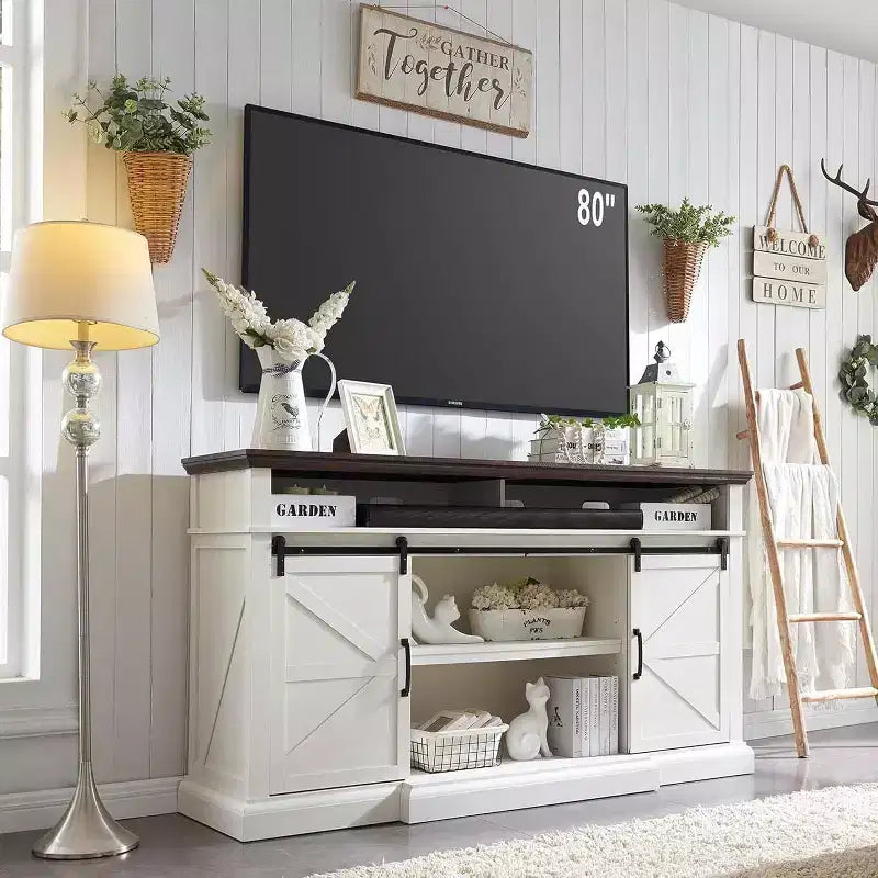 Farmhouse TV Stand for 80" TVs, 37" Tall Media Console with Sliding Barn Door and Adjustable Shelves