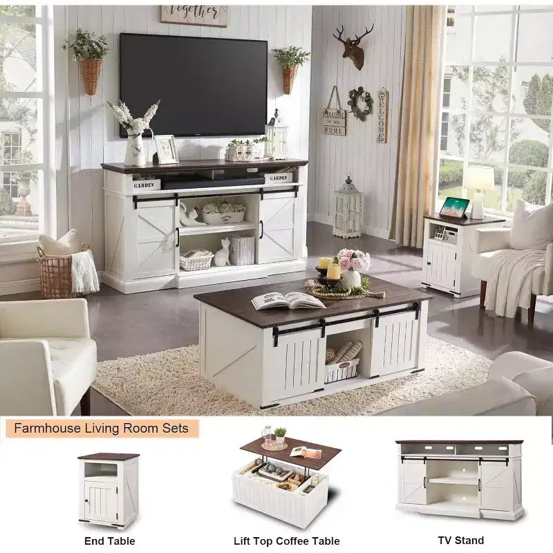 Farmhouse TV Stand for 80" TVs, 37" Tall Media Console with Sliding Barn Door and Adjustable Shelves
