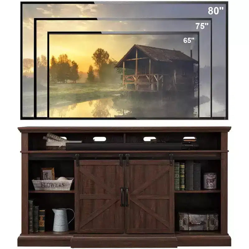 Farmhouse TV Stand for 80" TVs, 37" Tall Media Console with Sliding Barn Door and Adjustable Shelves