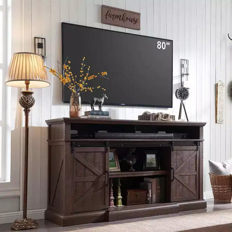 Farmhouse TV Stand for 80" TVs, 37" Tall Media Console with Sliding Barn Door and Adjustable Shelves