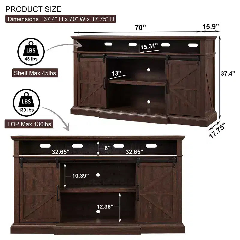 Farmhouse TV Stand for 80" TVs, 37" Tall Media Console with Sliding Barn Door and Adjustable Shelves