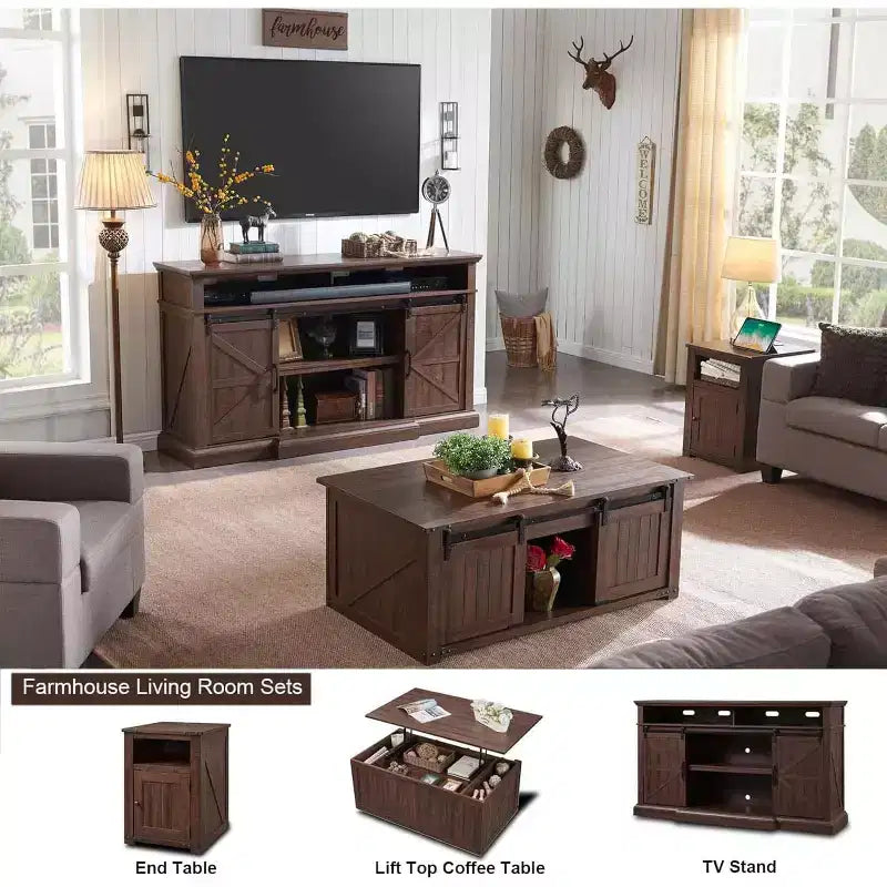 Farmhouse TV Stand for 80" TVs, 37" Tall Media Console with Sliding Barn Door and Adjustable Shelves