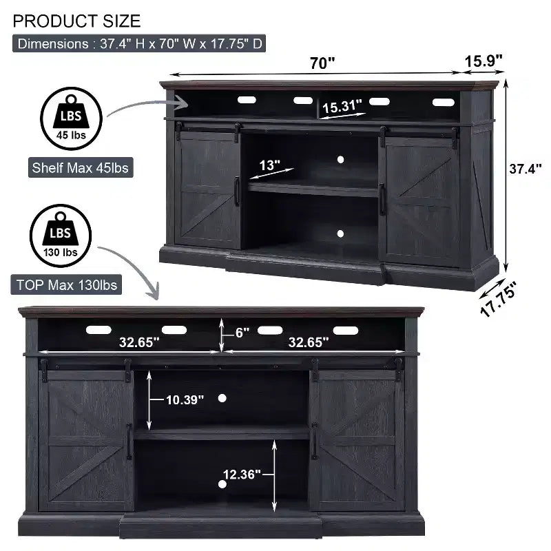 Farmhouse TV Stand for 80" TVs, 37" Tall Media Console with Sliding Barn Door and Adjustable Shelves