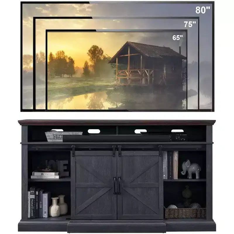 Farmhouse TV Stand for 80" TVs, 37" Tall Media Console with Sliding Barn Door and Adjustable Shelves