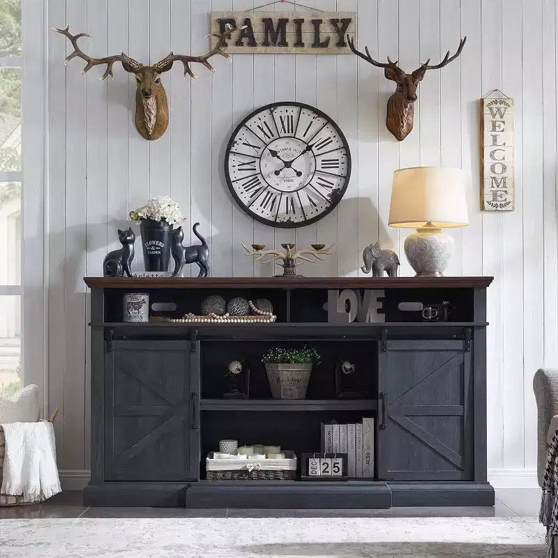Farmhouse TV Stand for 80" TVs, 37" Tall Media Console with Sliding Barn Door and Adjustable Shelves