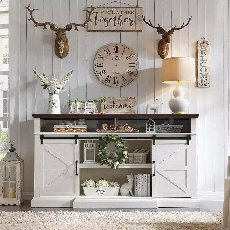 Farmhouse TV Stand for 80" TVs, 37" Tall Media Console with Sliding Barn Door and Adjustable Shelves