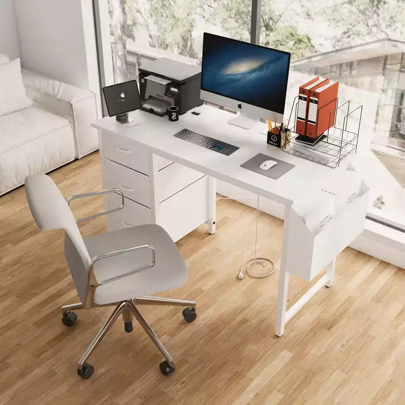 Bureau d'ordinateur moderne pour bureau à domicile avec tiroirs et étagères, bureau d'écriture avec sac latéral pour étude et bureau