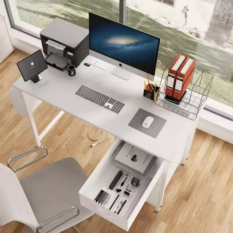 Bureau d'ordinateur moderne pour bureau à domicile avec tiroirs et étagères, bureau d'écriture avec sac latéral pour étude et bureau