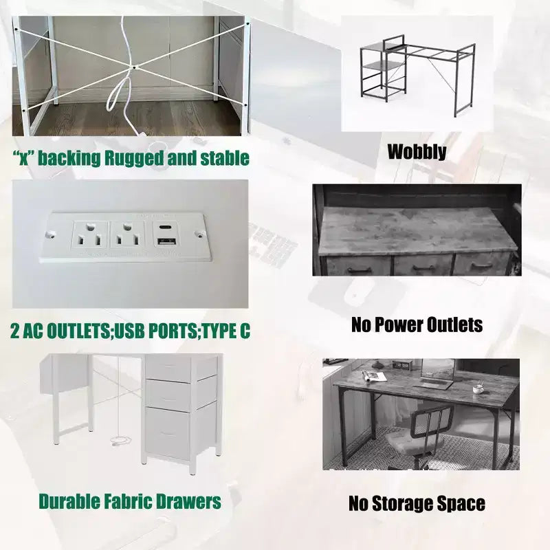 Bureau d'ordinateur moderne pour bureau à domicile avec tiroirs et étagères, bureau d'écriture avec sac latéral pour étude et bureau