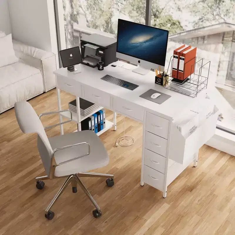 Bureau d'ordinateur moderne pour bureau à domicile avec tiroirs et étagères, bureau d'écriture avec sac latéral pour étude et bureau